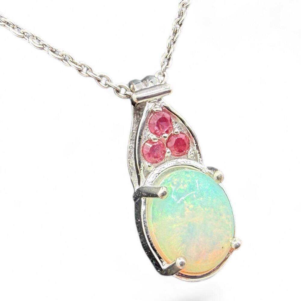 Ethiopian Welo Opal Niassa Ruby Pendant Necklace 925 Sterling Silver 20in Chain - Picture 6 of 9